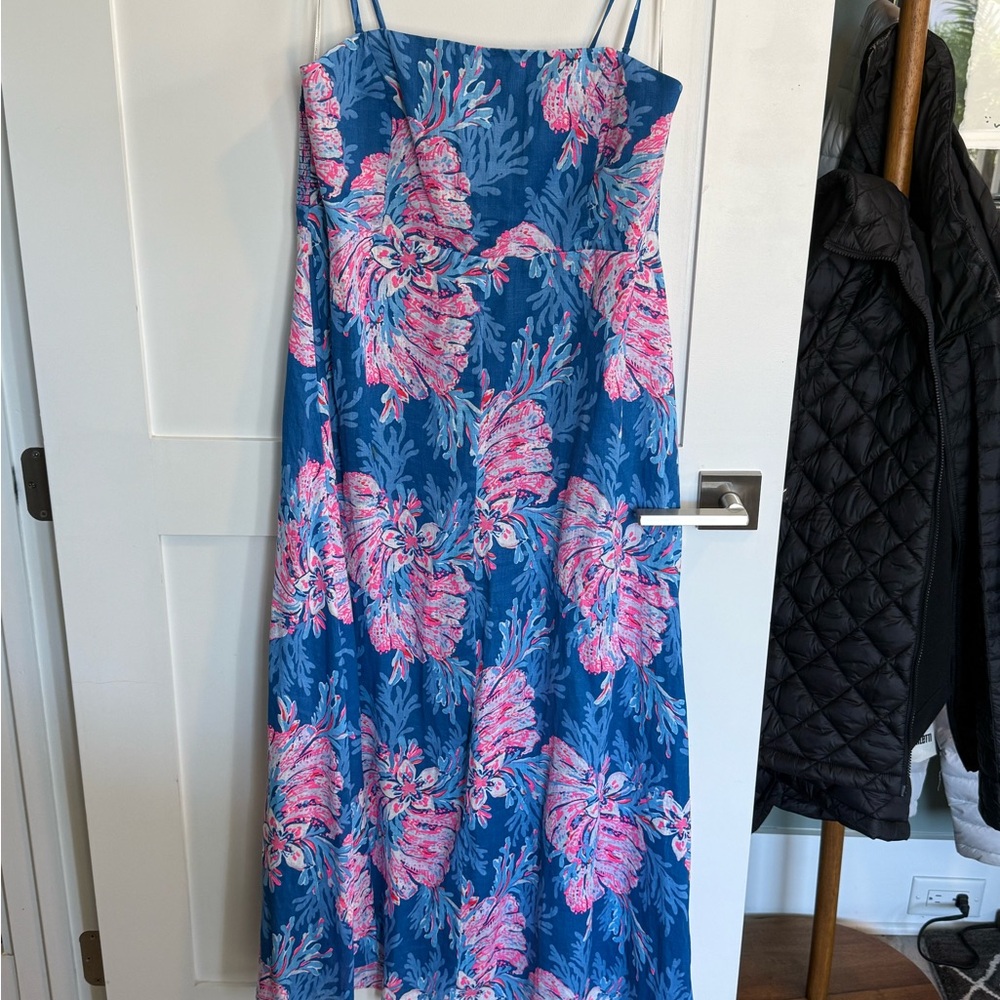 Lilly Pulitzer Blue and Pink Floral Maxi Dress with spaghetti straps. Linen.